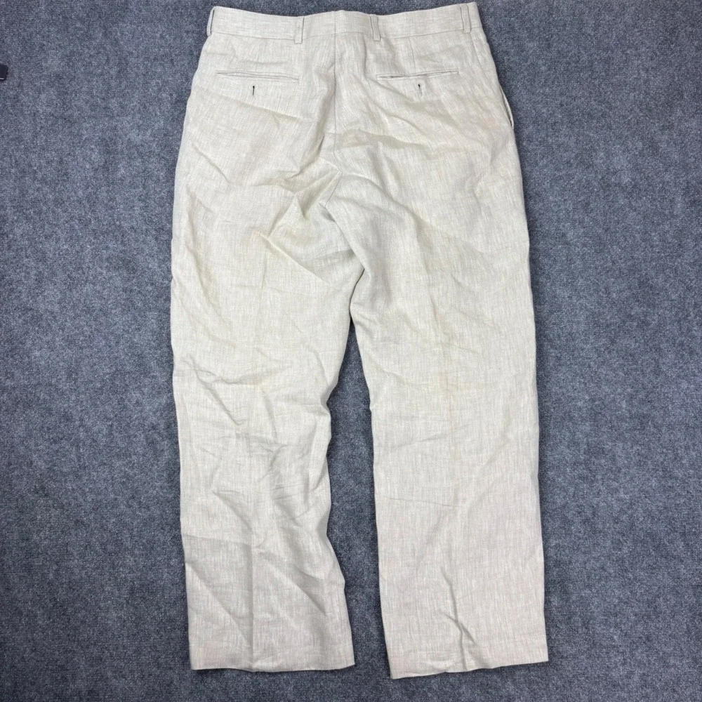 Haspel Mens 36R Oatmeal Beige 100% Linen Oxford Plain Front Trousers Pants 36x29